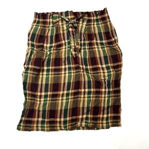 Vintage Lizsport 90s Plaid Women's Skirt Green Brown Elastic Waist Crinkle Rayon